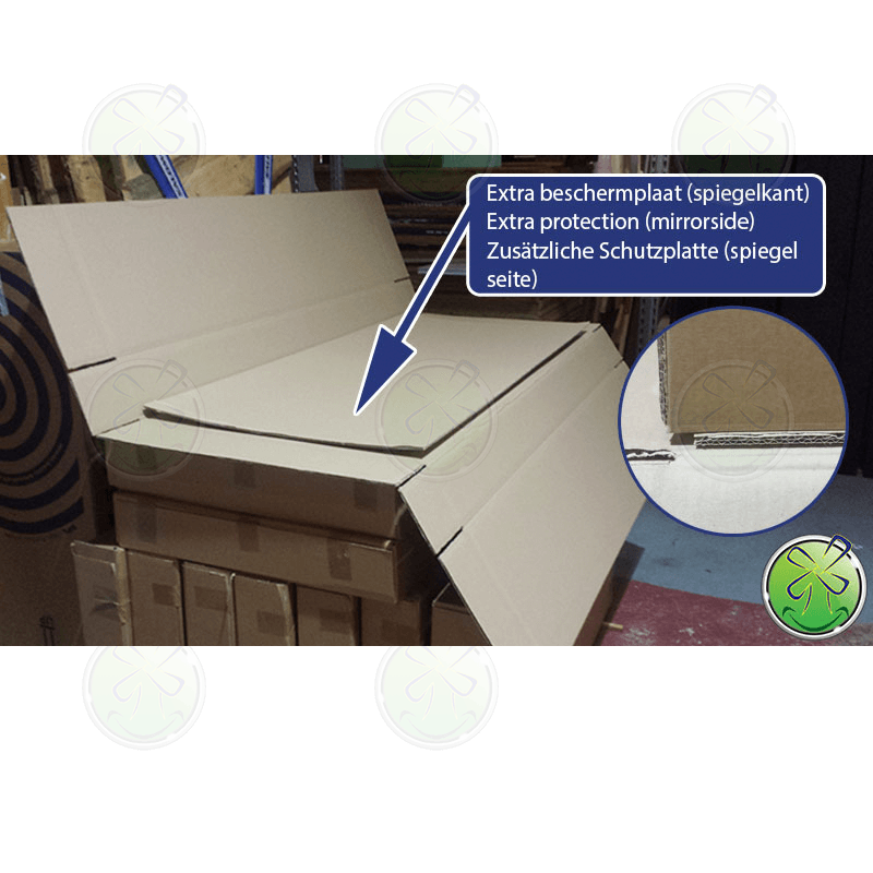 Een extra beschermplaat beschermd de spiegel tegen onverwachte transportschades.