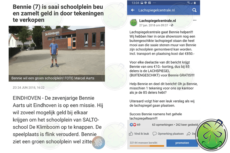 Lachspiegelcentrale besluit te gaan helpen door een buitengeschikte lachspiegel te doneren.